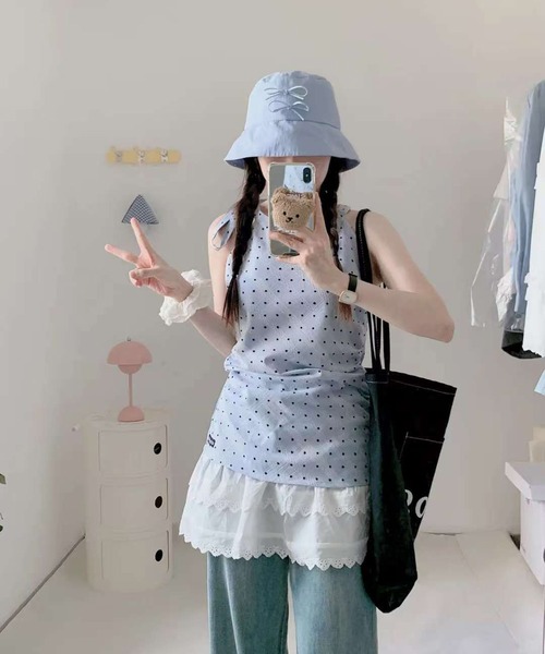 AsheKsha(アシクシャ)の「【新作】ノースリーブ フレンチチェックトップス(Tシャツ/カットソー・レディース・ブルーグレー/ライトブルー・F)」の15枚目の写真