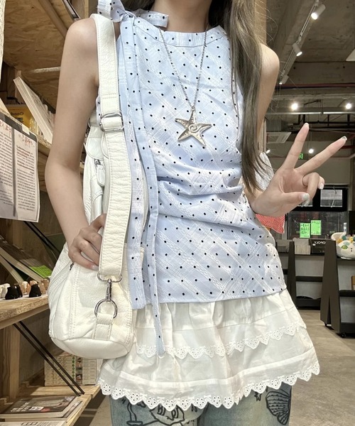 AsheKsha(アシクシャ)の「【新作】ノースリーブ フレンチチェックトップス(Tシャツ/カットソー・レディース・ブルーグレー/ライトブルー・F)」の21枚目の写真