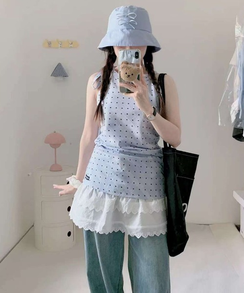 AsheKsha(アシクシャ)の「【新作】ノースリーブ フレンチチェックトップス(Tシャツ/カットソー・レディース・ブルーグレー/ライトブルー・F)」の22枚目の写真