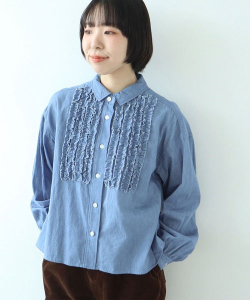 PAR ICI(パーリッシィ)の「ライトオンスデニム たっぷりフリルブラウス(シャツ/ブラウス・レディース・ネイビー/サックスブルー・FREE)」の10枚目の写真