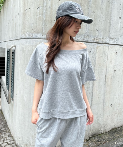 セットアップ オフショルカットソー ロングパンツ スウェット セットアップ 】ワンショルダーショートスウェットトップス ＋