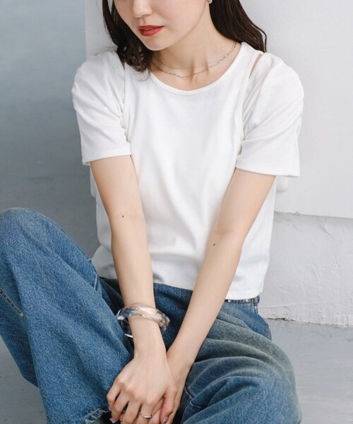 Kastane(カスタネ)の「*リブレイヤードTEE(Tシャツ/カットソー・レディース・アイボリー/オフホワイト/ネイビー・FREE)」の1枚目の写真