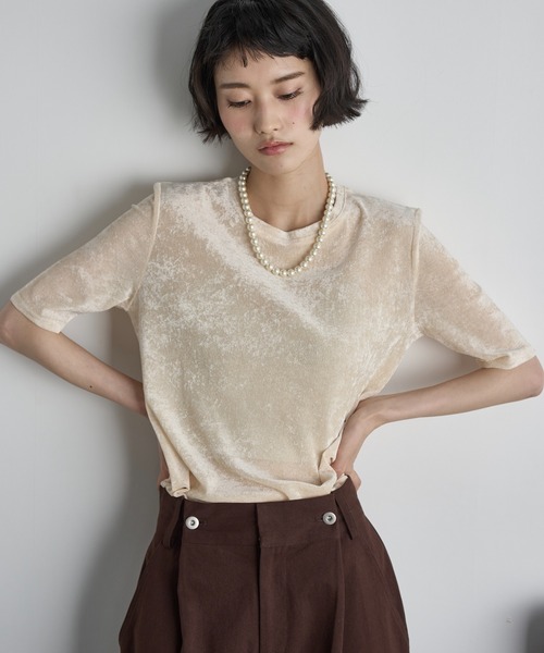 THE YOn(ザヨン)の「ベロアハーフスリーブトップス(Tシャツ/カットソー・レディース・ピンク/ブラウン/オリーブ/ブラック/アイボリー・FREE)」の12枚目の写真
