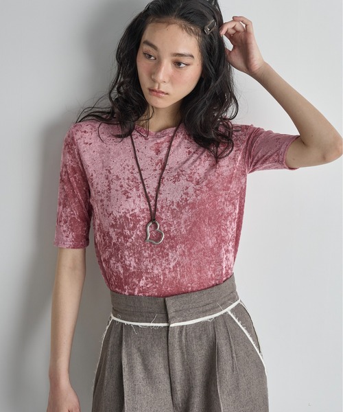 THE YOn(ザヨン)の「ベロアハーフスリーブトップス(Tシャツ/カットソー・レディース・ピンク/ブラウン/オリーブ/ブラック/アイボリー・FREE)」の10枚目の写真