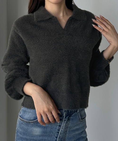 Louere(ルエレ)の「シャギースキッパーニットトップス(ニット/セーター・レディース・アイボリー/チャコール/ブラック・LARGE/MEDIUM)」の3枚目の写真