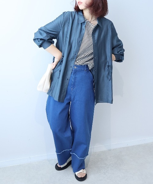 leswel(レスウェル)の「【L~5L 大きいサイズ】ポプリンフロントリボンシャツ(シャツ/ブラウス・レディース・チャコールグレー/クリーム/ブルー・L/LL/3L/4L/5L)」の5枚目の写真