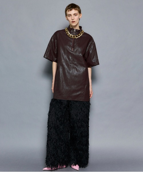 セール】Leather Half Sleeve Tops/レザーハーフスリーブトップス