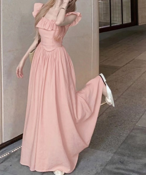 フリル付きノースリーブワンピース ピンク セール】フリル付きワンピース ノースリーブワンピ（ワンピース