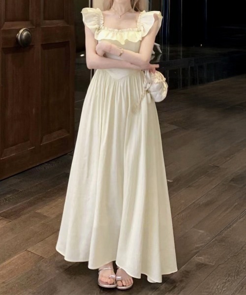 フリル付きホワイトノースリーブワンピース セール】フリル付きワンピース ノースリーブワンピ（ワンピース