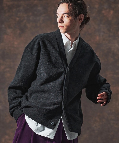 Jih Nunc（ジーヌンク）の「mcg3689-ルーズシルエット起毛ニットソーカーディガン(JIH-R1122)（カーディガン/ボレロ・メンズ・ブラック/ワインレッド/グリーン/ブラウン・L/M/S）」の2枚目の写真