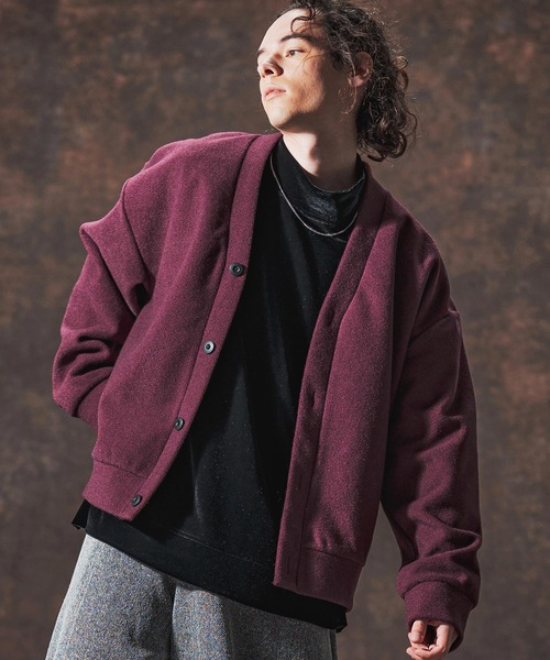 Jih Nunc（ジーヌンク）の「mcg3689-ルーズシルエット起毛ニットソーカーディガン(JIH-R1122)（カーディガン/ボレロ・メンズ・ブラック/ワインレッド/グリーン/ブラウン・L/M/S）」の4枚目の写真