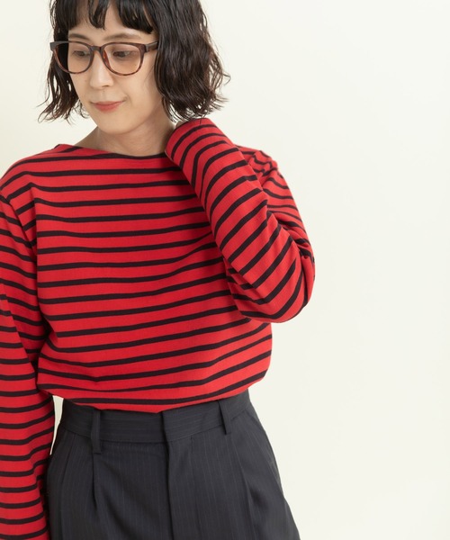 CHILD WOMAN(チャイルドウーマン)の「16/2空紡糸ボーダー 製品染めボートネックプルオーバー(Tシャツ/カットソー・レディース・ピンク系その他/レッド/クリア/ピンク・FREE)」の4枚目の写真