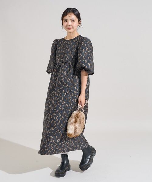 セール】クロッケフラワージャガード バックリボン マキシワンピース