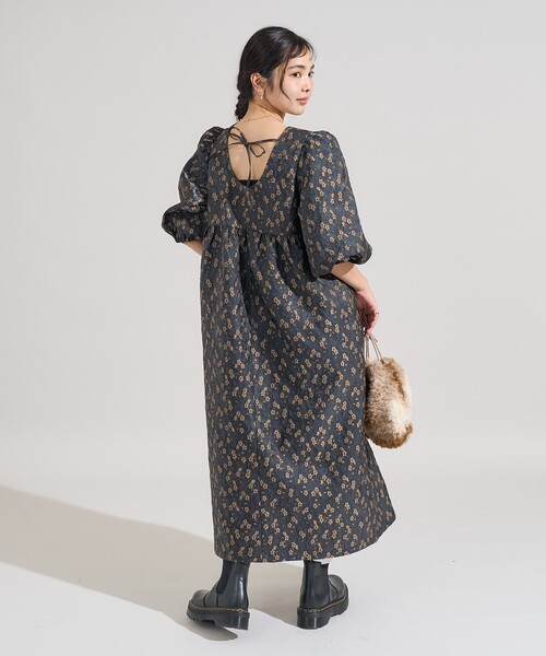 セール】クロッケフラワージャガード バックリボン マキシワンピース