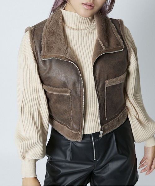 セール】《フェイクレザー×フェイクファー》レディース ジップベスト