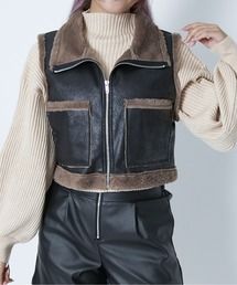 《フェイクレザー×フェイクファー》レディース ジップベスト アウター レイヤード 秋冬