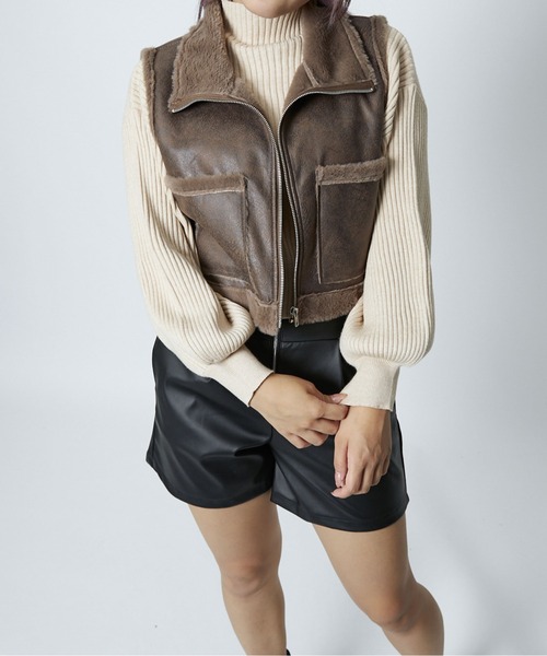 GORGE（ゴージ）の「《フェイクレザー×フェイクファー》レディース ジップベスト アウター レイヤード 秋冬（ベスト・レディース・ブラウン/ブラック・F）」の8枚目の写真