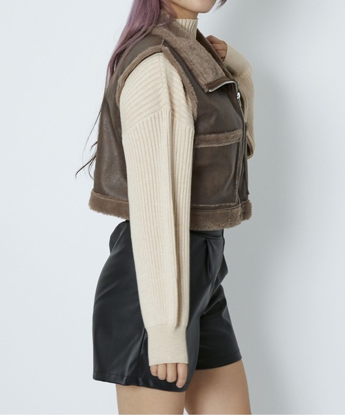 セール】《フェイクレザー×フェイクファー》レディース ジップベスト