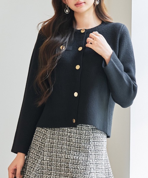 ノーカラーショート丈ニットカーディガン（カーディガン/ボレロ