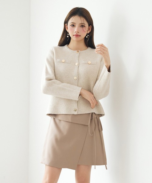 美品 MHL. コットンウール ノーカラーニット カーディガン◆ベージュ セール】ノーカラーショート丈ニットカーディガン（カーディガン