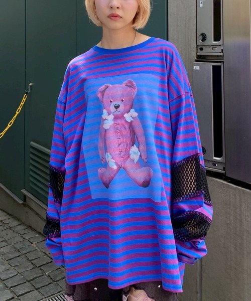 Candy Stripper（キャンディストリッパー）の「BROKEN BEAR PATCHED BORDER トップス（Tシャツ/カットソー・レディース・ブラック/パープル/グリーン・FREE）」の3枚目の写真