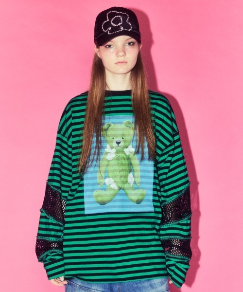 Candy Stripper（キャンディストリッパー）の「BROKEN BEAR PATCHED BORDER トップス（Tシャツ/カットソー・レディース・ブラック/パープル/グリーン・FREE）」の2枚目の写真