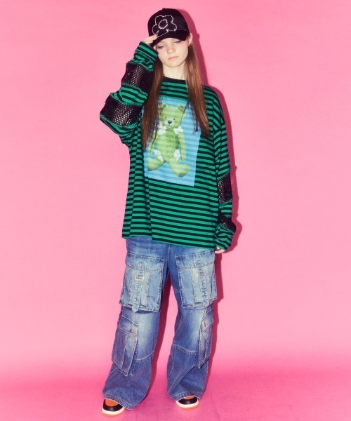 Candy Stripper（キャンディストリッパー）の「BROKEN BEAR PATCHED BORDER トップス（Tシャツ/カットソー・レディース・ブラック/パープル/グリーン・FREE）」の7枚目の写真