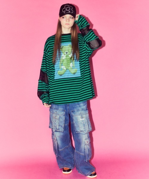 Candy Stripper（キャンディストリッパー）の「BROKEN BEAR PATCHED BORDER トップス（Tシャツ/カットソー・レディース・ブラック/パープル/グリーン・FREE）」の6枚目の写真