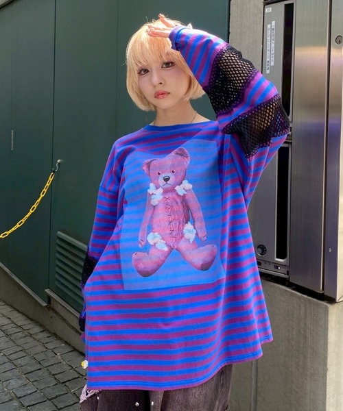 Candy Stripper（キャンディストリッパー）の「BROKEN BEAR PATCHED BORDER トップス（Tシャツ/カットソー・レディース・ブラック/パープル/グリーン・FREE）」の9枚目の写真