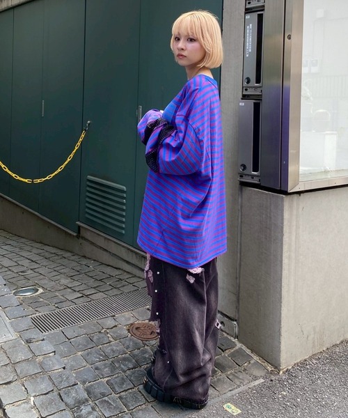 Candy Stripper（キャンディストリッパー）の「BROKEN BEAR PATCHED BORDER トップス（Tシャツ/カットソー・レディース・ブラック/パープル/グリーン・FREE）」の12枚目の写真