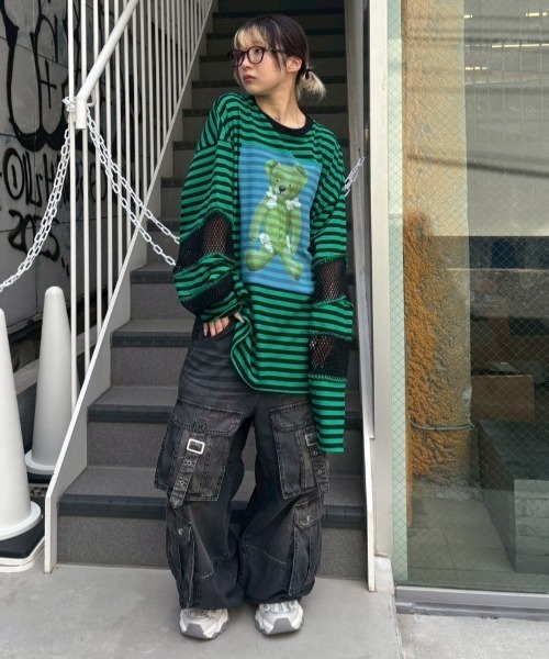 Candy Stripper（キャンディストリッパー）の「BROKEN BEAR PATCHED BORDER トップス（Tシャツ/カットソー・レディース・ブラック/パープル/グリーン・FREE）」の21枚目の写真