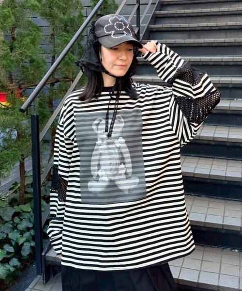 Candy Stripper（キャンディストリッパー）の「BROKEN BEAR PATCHED BORDER トップス（Tシャツ/カットソー・レディース・ブラック/パープル/グリーン・FREE）」の5枚目の写真