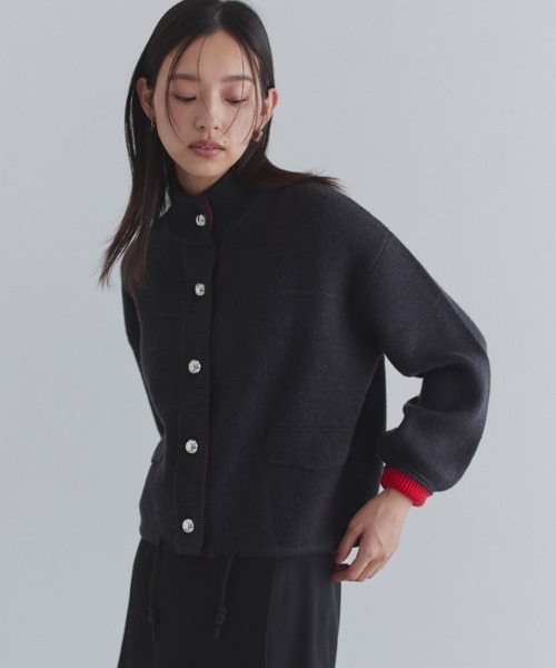 セール】ボタンデザイン配色ニットカーデ（カーディガン/ボレロ