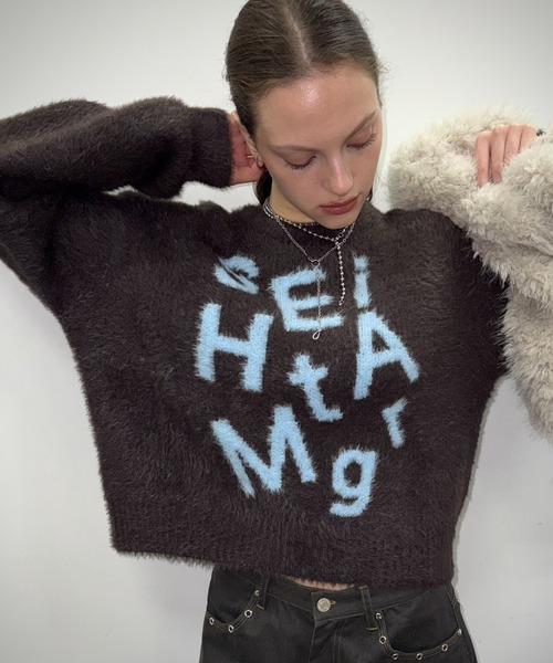 SHAGGIE（シャギー）の「ロゴ入りフェザーヤーンソフトタッチニット（ニット/セーター・レディース・ブラウン/ライトグレー/ホワイト・FREE）」の3枚目の写真