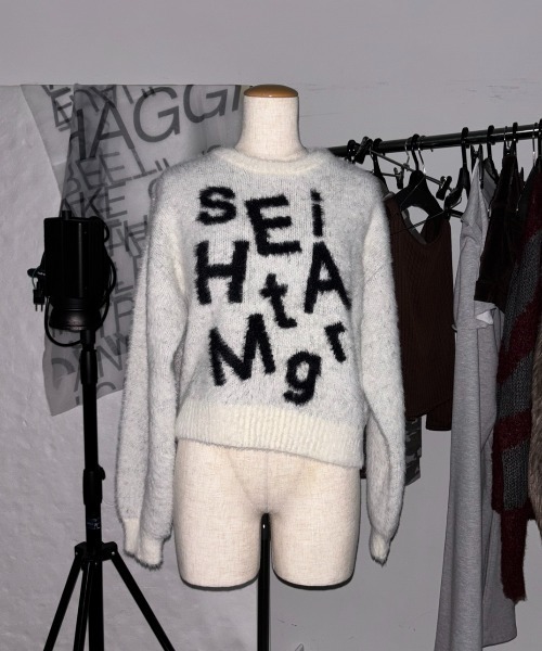 SHAGGIE（シャギー）の「ロゴ入りフェザーヤーンソフトタッチニット（ニット/セーター・レディース・ブラウン/ライトグレー/ホワイト・FREE）」の8枚目の写真