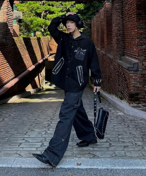 RSSC（アールエスエスシー）の「DENIM MIXED TRIMMING JACQUARD HOOD SHIRT - BLACK（シャツ/ブラウス・レディース・その他・1/2）」の2枚目の写真