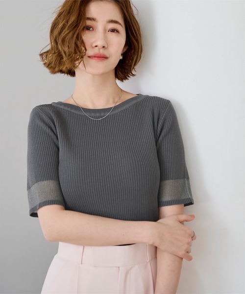 UR'S（ユアーズ）の「袖口シアー5分袖リブニット（ニット/セーター・レディース・ブラック/グレイッシュベージュ/チャコール/ブラウン/ホワイト・L/S/M）」の7枚目の写真