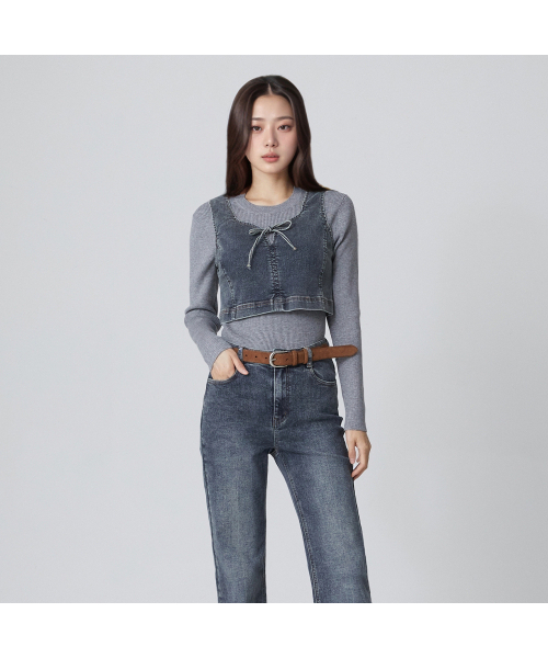 LAP(ラップ)の「前リボンデニムビスチェブラウス AR3DB870(シャツ/ブラウス・レディース・インディゴブルー・SMALL/MEDIUM)」の1枚目の写真