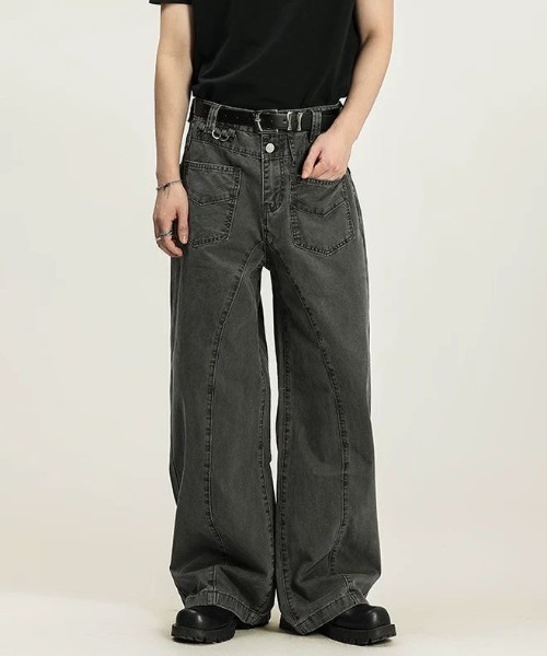 FreeZone(フリーゾーン)の「ハイウエストバギーデニム(デニムパンツ・メンズ・ベージュ/ダークグレー・S/M/L)」の5枚目の写真