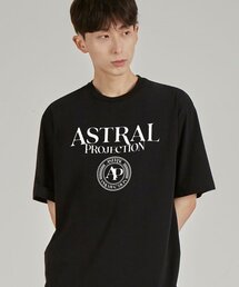 レタリングロゴエンブレムラウンドネック 40番手二重織綿半袖Tシャツ_ブラック