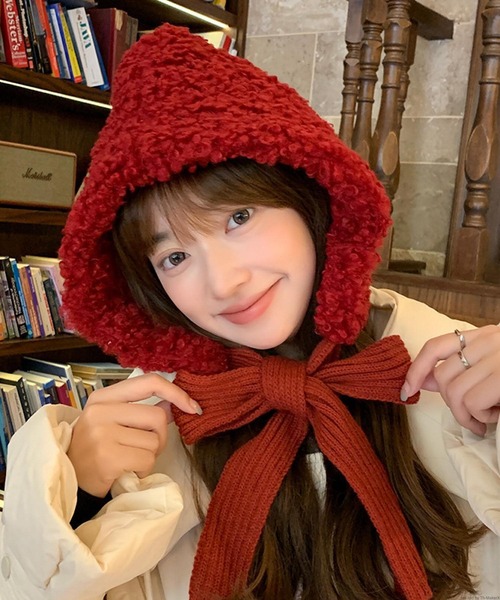 TONE SELECT GOODS（トーンセレクトグッズ）の「pur chouchou/ボア もこもこ フード ボンネット P4530（ハット・レディース・レッド/ブラウン/ブラック/ホワイト・FREE）」の4枚目の写真