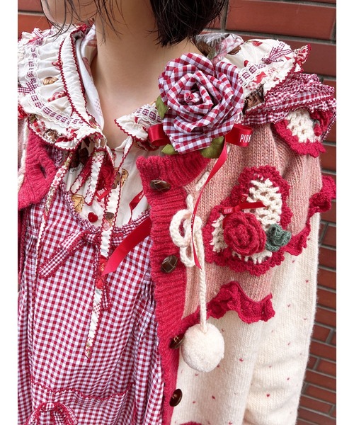 PINK HOUSE（ピンクハウス）の「ギンガムチェックローズコサージュ（ブローチ/コサージュ・レディース・チョコ/ブラック/レッド/グリーン・フリー）」の7枚目の写真