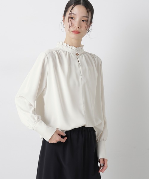 NANO universe(ナノユニバース)の「前後2wayスタンドカラーギャザーブラウス(シャツ/ブラウス・レディース・ネイビー/ピンク/ホワイト・FREE)」の4枚目の写真