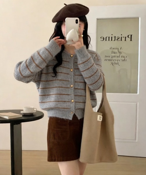 MAISON DE THERESE（メゾン ド テレーズ）の「ふんわりボーダーニットカーディガン（カーディガン/ボレロ・レディース・グレー/アイボリー/ネイビー/ブラウン・FREE）」の5枚目の写真