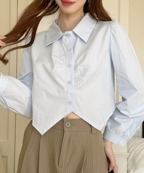 レギュラーカラー ショート丈 フロントギャザーシャツ（シャツ