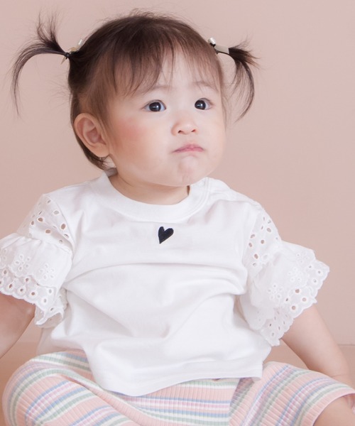MAKE YOUR DAY(メイクユアデイ)の「ハートアイコンフリル袖半袖Tシャツ■80~140cm(Tシャツ/カットソー・キッズ・レッド/オフホワイト/ブラック・110/100/90/140/130/120/80)」の2枚目の写真