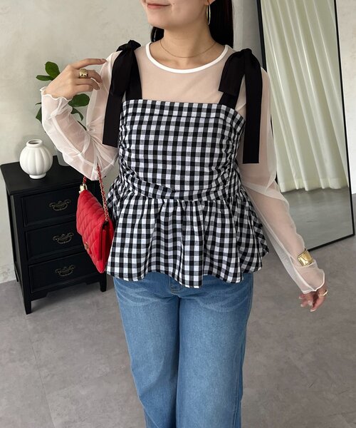 prose verse（プロズヴェール）の「肩リボンギンガムチェックビスチェ（シャツ/ブラウス・レディース・ブラック・LARGE/MEDIUM）」の4枚目の写真
