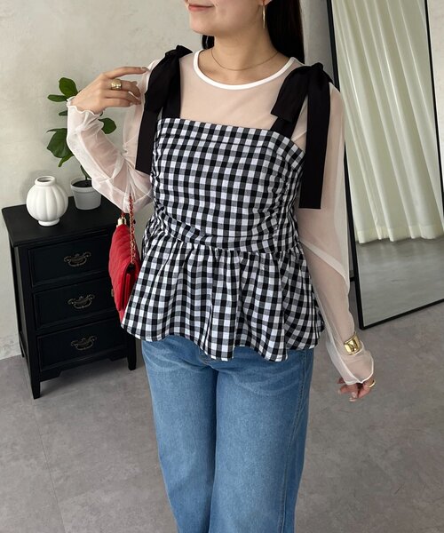 prose verse（プロズヴェール）の「肩リボンギンガムチェックビスチェ（シャツ/ブラウス・レディース・ブラック・LARGE/MEDIUM）」の5枚目の写真