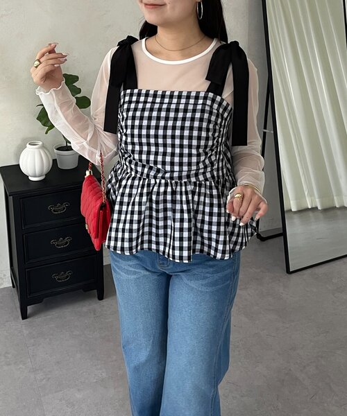 prose verse（プロズヴェール）の「肩リボンギンガムチェックビスチェ（シャツ/ブラウス・レディース・ブラック・LARGE/MEDIUM）」の6枚目の写真