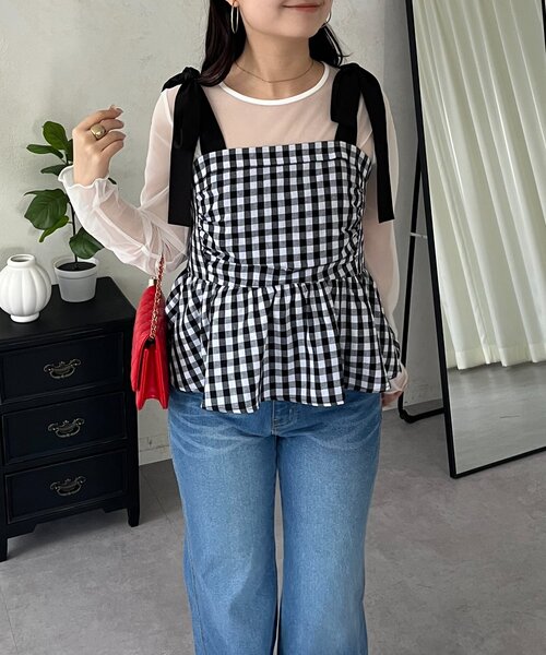 prose verse（プロズヴェール）の「肩リボンギンガムチェックビスチェ（シャツ/ブラウス・レディース・ブラック・LARGE/MEDIUM）」の13枚目の写真